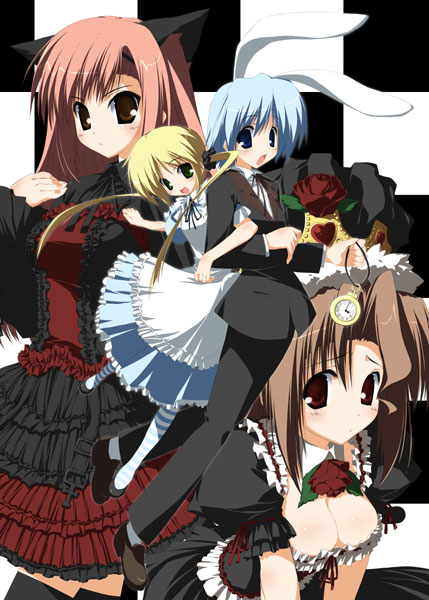 alice, white rabbit, katsura hinagiku, sanzen'in nagi, cheshire cat, and 2 more (alice's adventures in wonderland and 1 more) drawn by suzuri_(tennenseki)