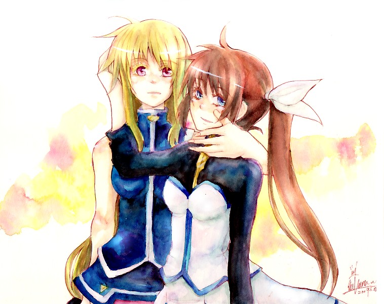 fate testarossa and takamachi nanoha (lyrical nanoha and 1 more) drawn by sorato_(astllatte)
