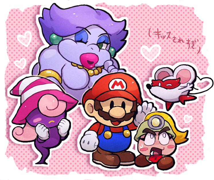 mario, vivian, paper mario, goombella, ms. mowz, and 1 more (mario and 2 more) drawn by chiimako