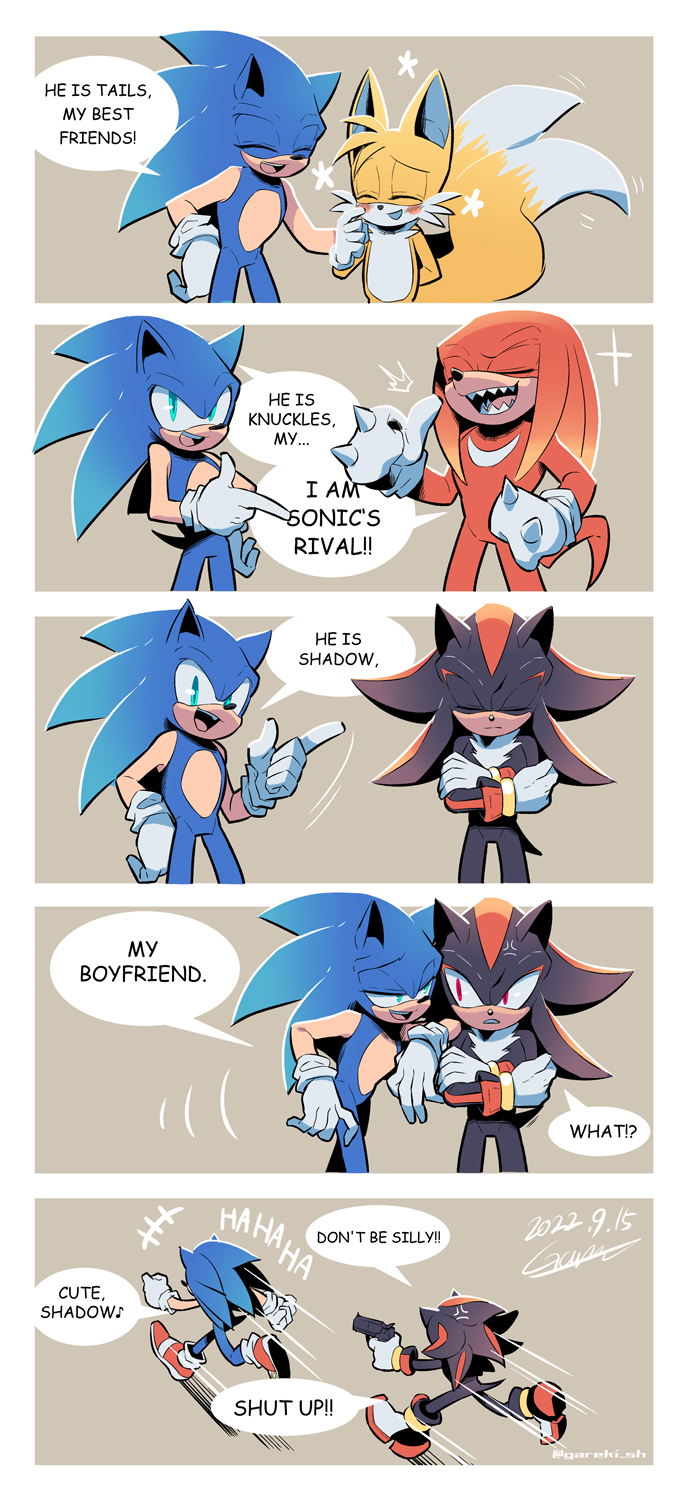 sonic the hedgehog, tails, and knuckles the echidna (sonic) drawn by gareki_sh