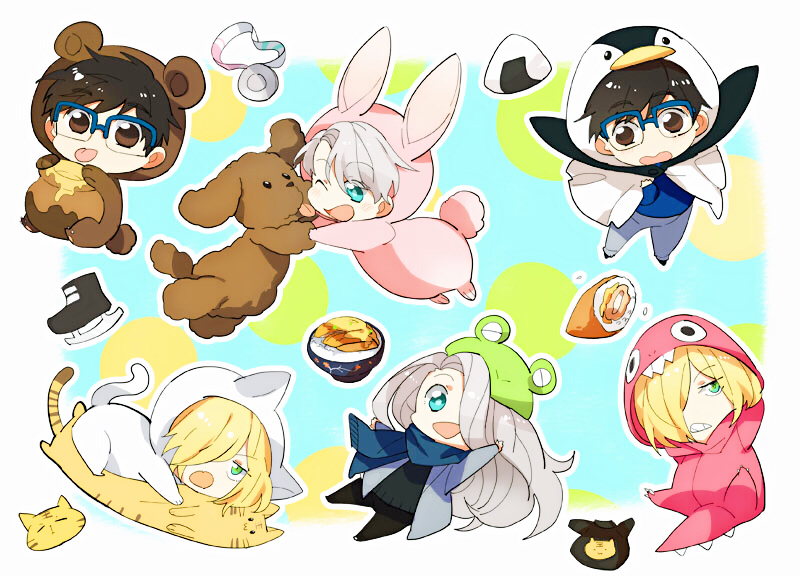 katsuki yuuri, viktor nikiforov, yuri plisetsky, and makkachin (yuri!!! on ice) drawn by yanzhan