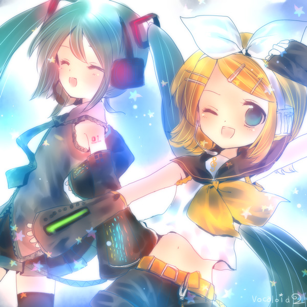 hatsune miku and kagamine rin (vocaloid) drawn by torii_sumi