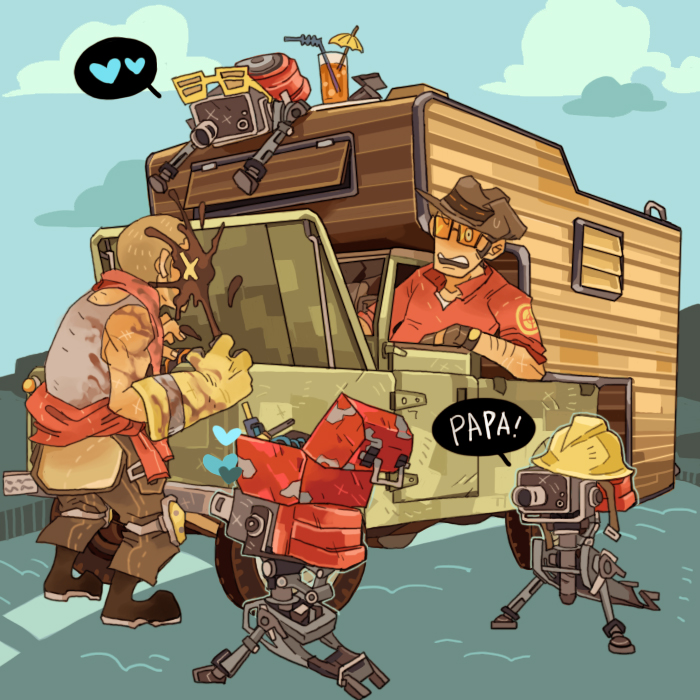 engineer, sniper, red engineer, and red sniper (team fortress 2) drawn by 22_(tak_ja)