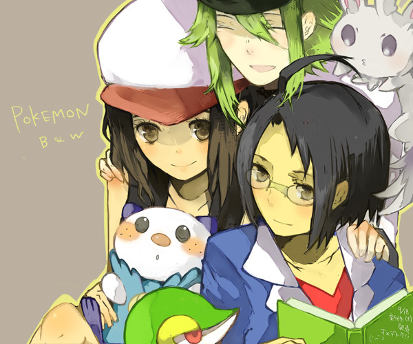 hilda, n, oshawott, snivy, cheren, and 1 more (pokemon and 1 more) drawn by suzi_com