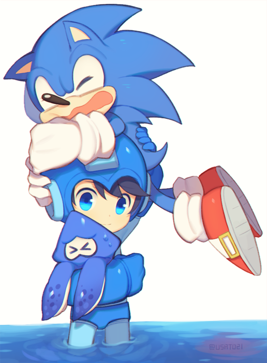 inkling player character, sonic the hedgehog, and mega man (splatoon and 4 more) drawn by wusagi2