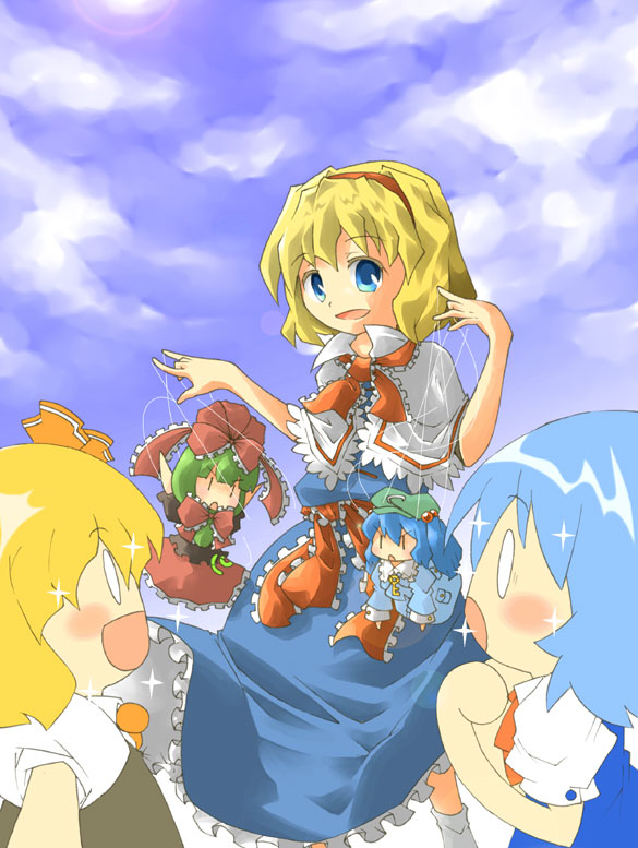 alice margatroid, cirno, rumia, kawashiro nitori, and kagiyama hina (touhou) drawn by harada_(sansei_rain)