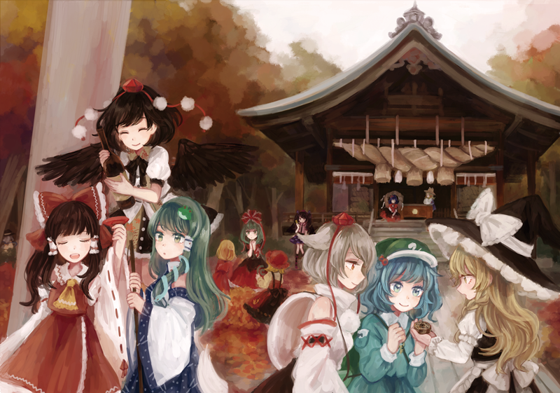 hakurei reimu, kirisame marisa, kochiya sanae, komeiji koishi, shameimaru aya, and 8 more (touhou) drawn by mozukuzu_(manukedori)