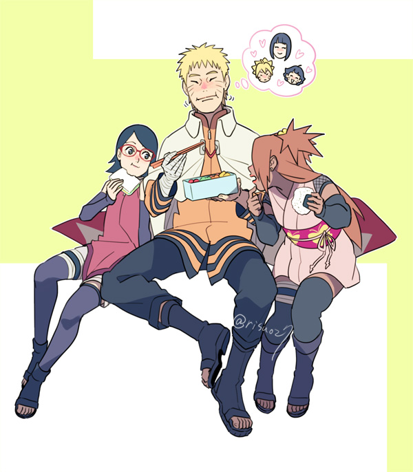 uzumaki naruto, hyuuga hinata, uchiha sarada, uzumaki boruto, uzumaki himawari, and 1 more (naruto and 1 more) drawn by risuo