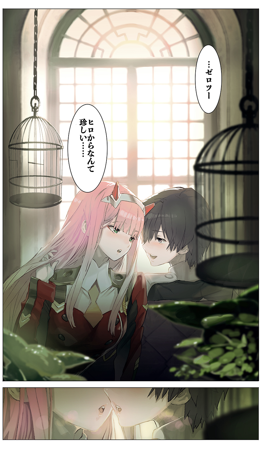 zero two and hiro (darling in the franxx) drawn by maeshima_shigeki