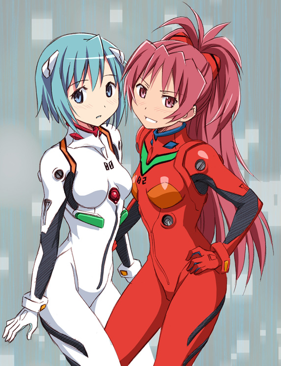 miki sayaka, sakura kyoko, souryuu asuka langley, and ayanami rei (mahou shoujo madoka magica and 1 more) drawn by ayukko_(forest_village)