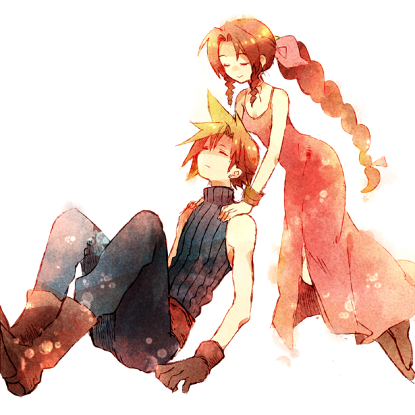cloud strife and aerith gainsborough (final fantasy and 1 more) drawn by takanamushi