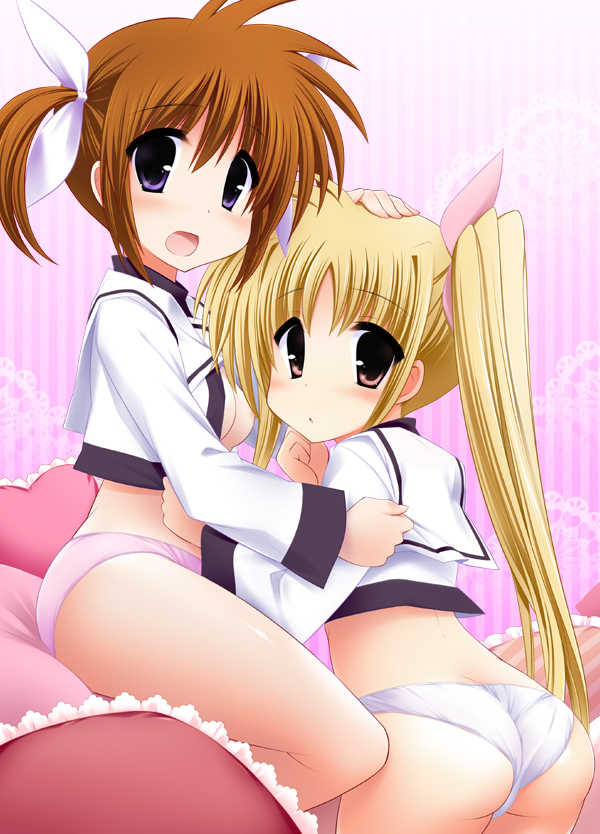 fate testarossa and takamachi nanoha (lyrical nanoha and 2 more) drawn by watanon_(gakushokutei)