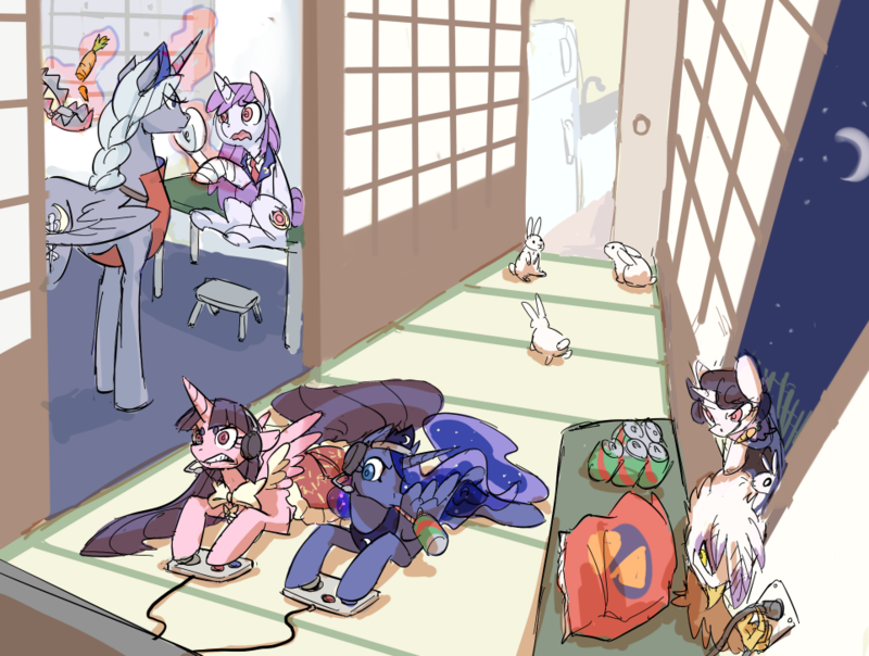 reisen udongein inaba, houraisan kaguya, inaba tewi, yagokoro eirin, princess luna, and 1 more (touhou and 2 more) drawn by supahbeefcakes