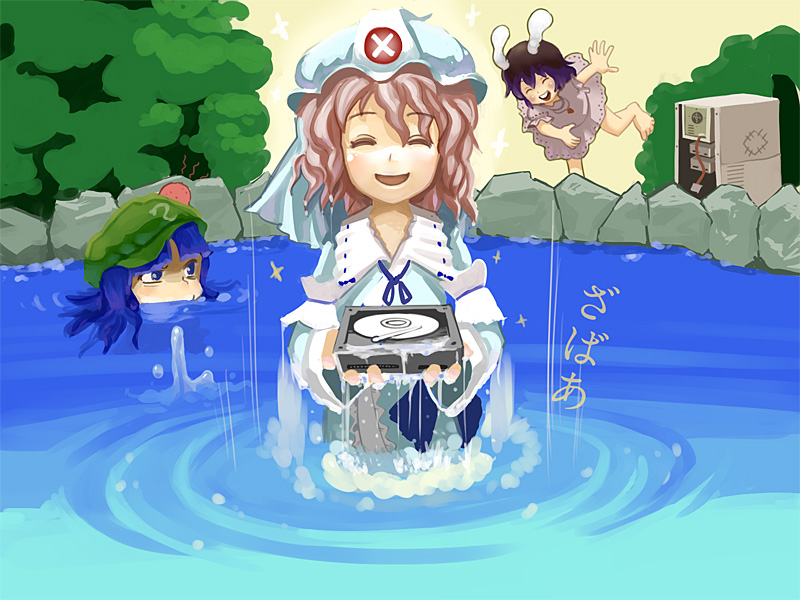saigyouji yuyuko, kawashiro nitori, and inaba tewi (touhou) drawn by maku_(wasabishock)