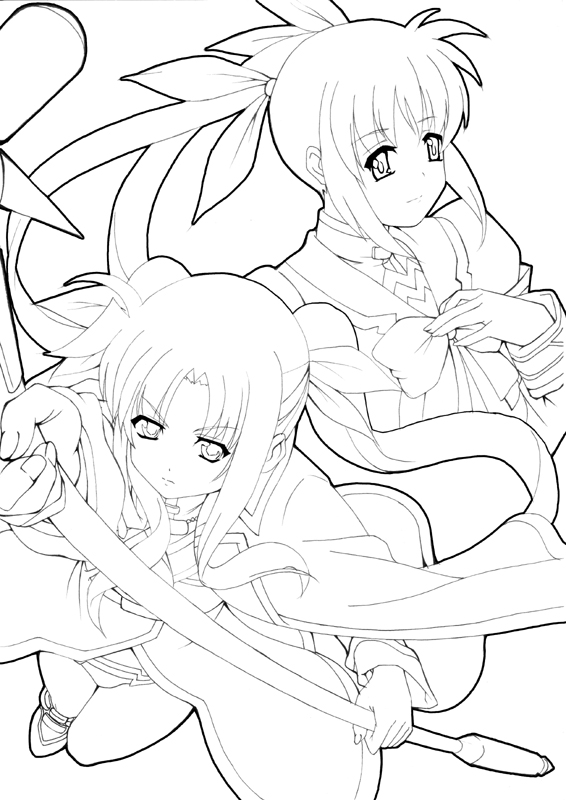 fate testarossa, takamachi nanoha, and bardiche (lyrical nanoha and 1 more) drawn by date_(senpen)