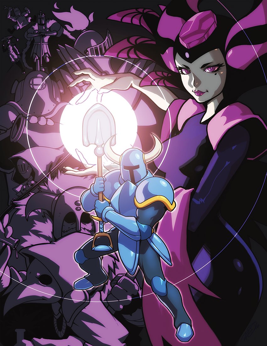shovel knight, plague knight, king knight, specter knight, enchantress, and 5 more (shovel knight) drawn by robaato