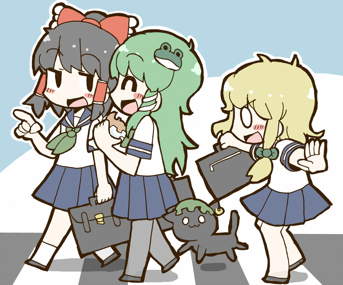 hakurei reimu, kirisame marisa, kochiya sanae, and chen (touhou) drawn by adomi