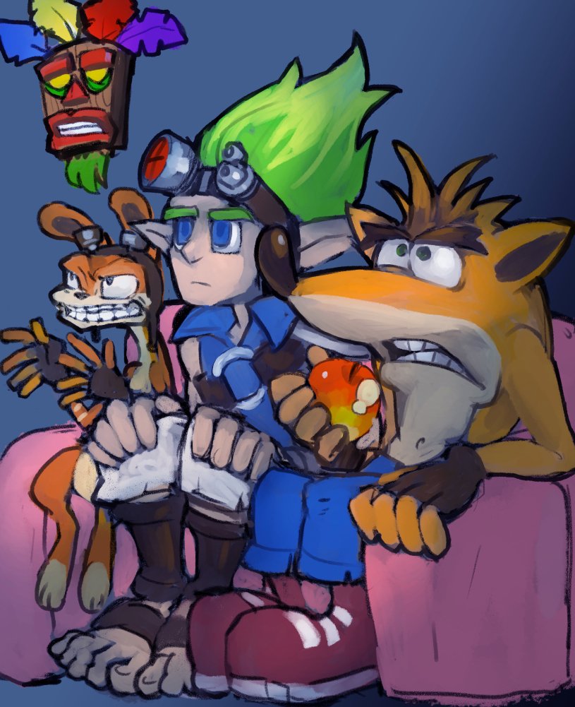 crash bandicoot, aku aku, jak, and daxter (crash bandicoot and 1 more) drawn by dakusuta