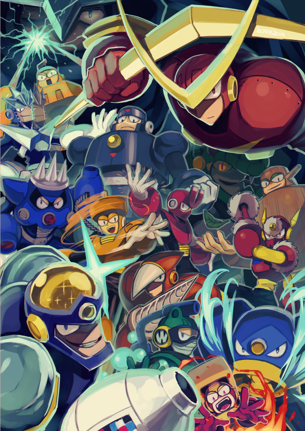 quick man, metal man, air man, flash man, crash man, and 11 more (mega man and 2 more) drawn by borezet