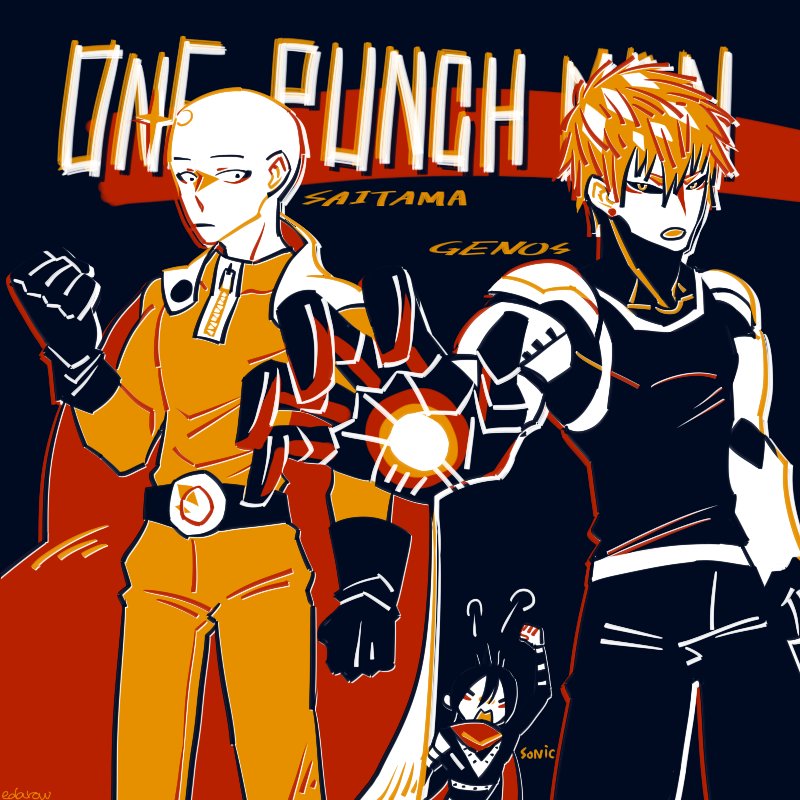 saitama, genos, and onsoku no sonic (one-punch man) drawn by edarow