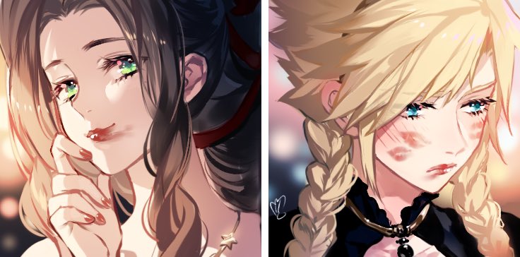 cloud strife and aerith gainsborough (final fantasy and 2 more) drawn by shell_(shell518)