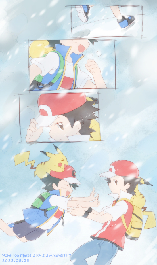 pikachu, ash ketchum, and red (pokemon and 3 more) drawn by miu_(chuyu825)