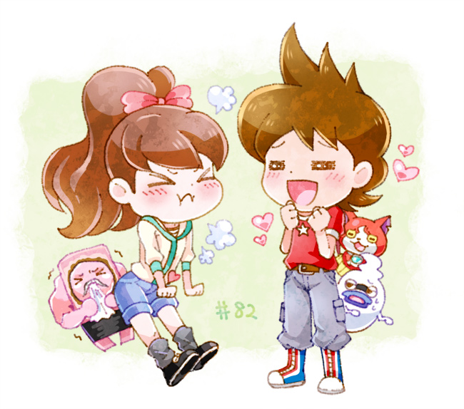 jibanyan, whisper, amano keita, kodama fumika, and yakimochi (youkai watch) drawn by fuyuse_reka