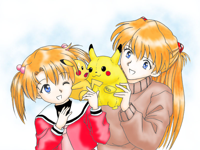 souryuu asuka langley and pikachu (pokemon and 1 more)