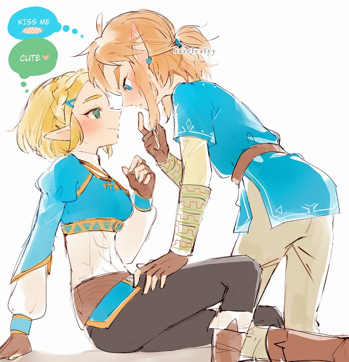 link and princess zelda (the legend of zelda and 1 more) drawn by hazeleafyy