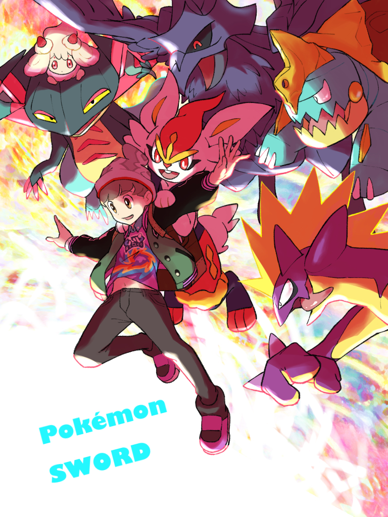 victor, cinderace, alcremie, dreepy, dragapult, and 3 more (pokemon and 1 more) drawn by hungry_seishin