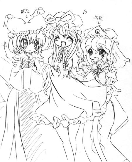 yakumo yukari, saigyouji yuyuko, and yakumo ran (touhou) drawn by kaze_tsuki