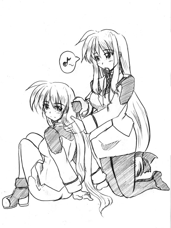 fate testarossa and takamachi nanoha (lyrical nanoha and 1 more) drawn by zero_point