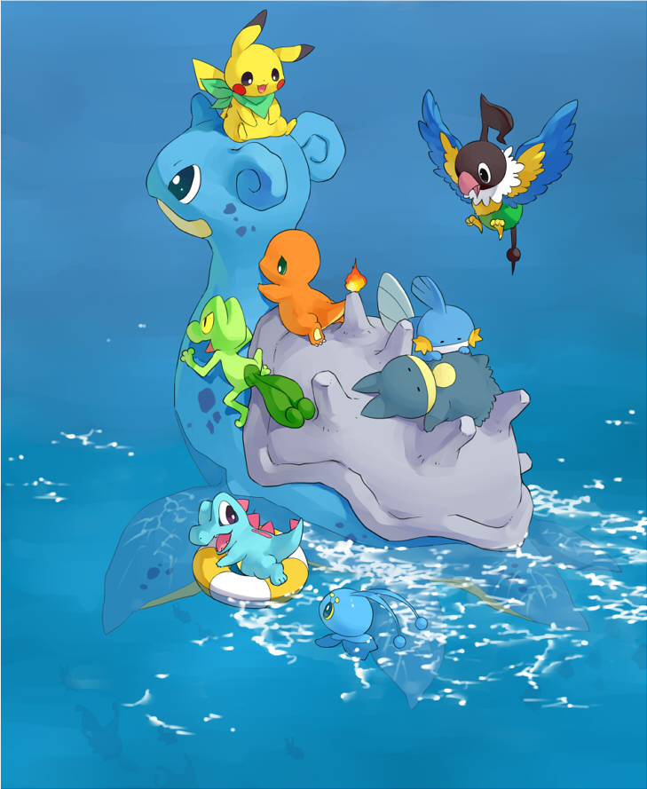 pikachu, charmander, mudkip, totodile, lapras, and 4 more (pokemon) drawn by emunise