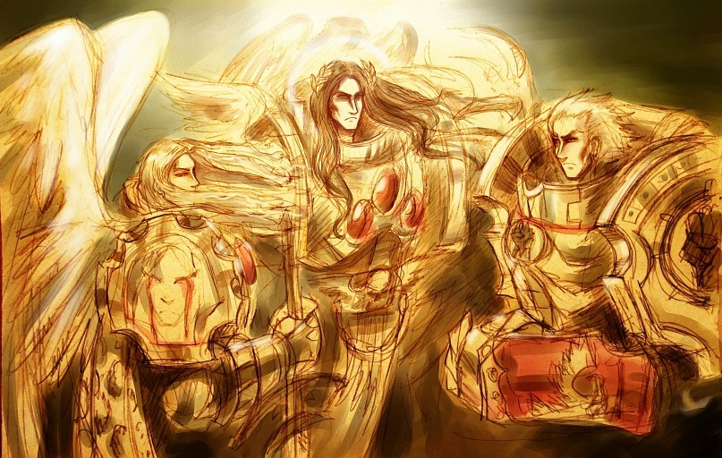 emperor of mankind, sanguinius, and rogal dorn (warhammer 40k) drawn by elizaveta_bikuin