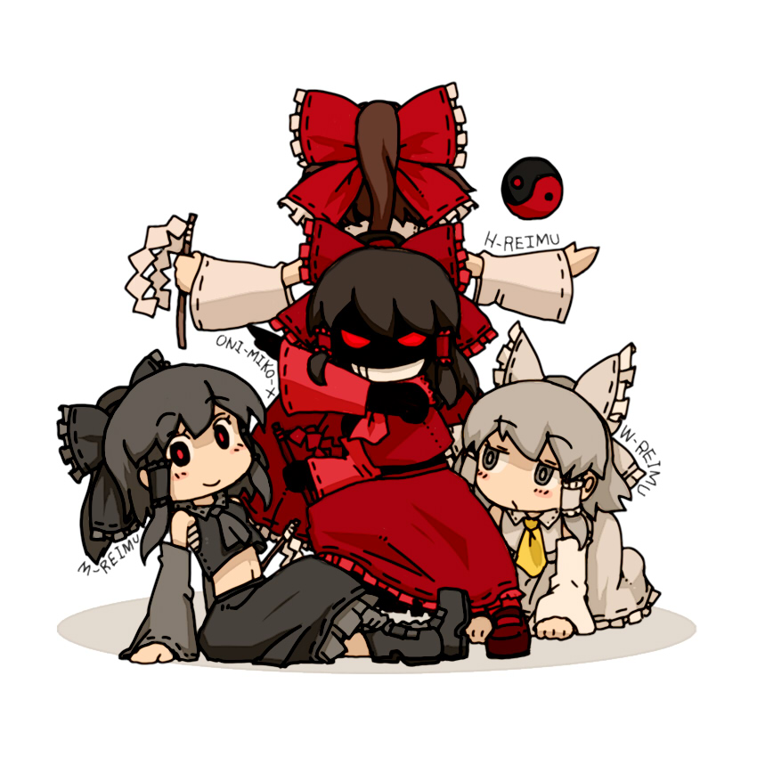 hakurei reimu, maga-reimu, onimiko, white-reimu, and honki-reimu (touhou and 1 more) drawn by oso_(toolate)
