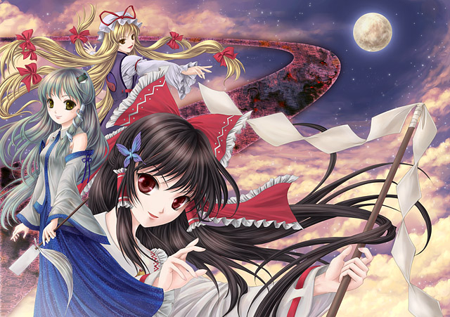hakurei reimu, kochiya sanae, and yakumo yukari (touhou) drawn by yuki_shuuka