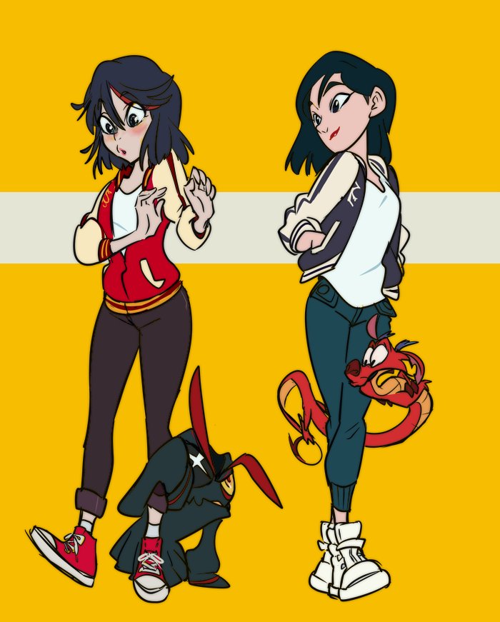 matoi ryuuko, senketsu, fa mulan, and mushu (kill la kill and 2 more) drawn by gyosone