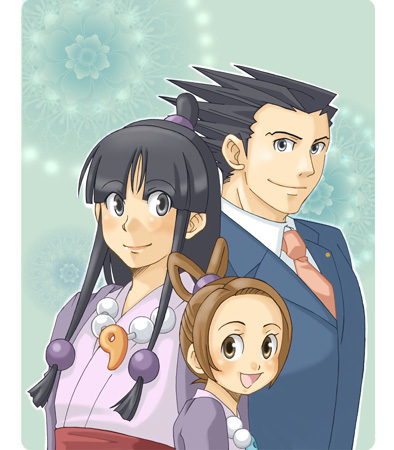 phoenix wright, maya fey, and pearl fey (ace attorney) drawn by hiraishi_wataru