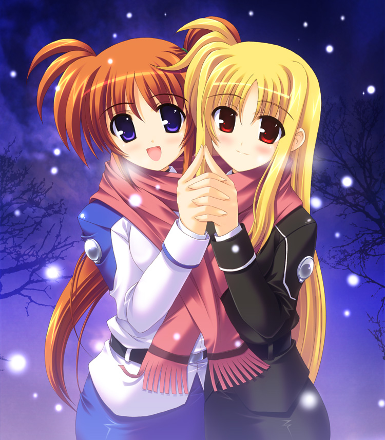 fate testarossa and takamachi nanoha (lyrical nanoha and 1 more) drawn by rakkyo