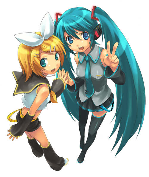 hatsune miku and kagamine rin (vocaloid) drawn by korita