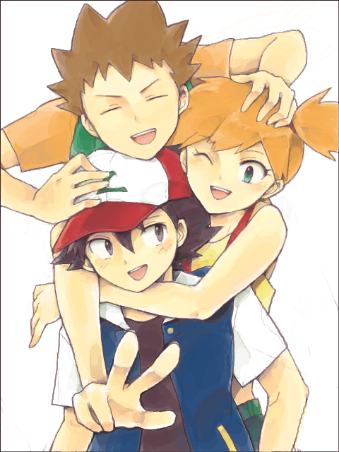 ash ketchum, misty, and brock (pokemon) drawn by baso