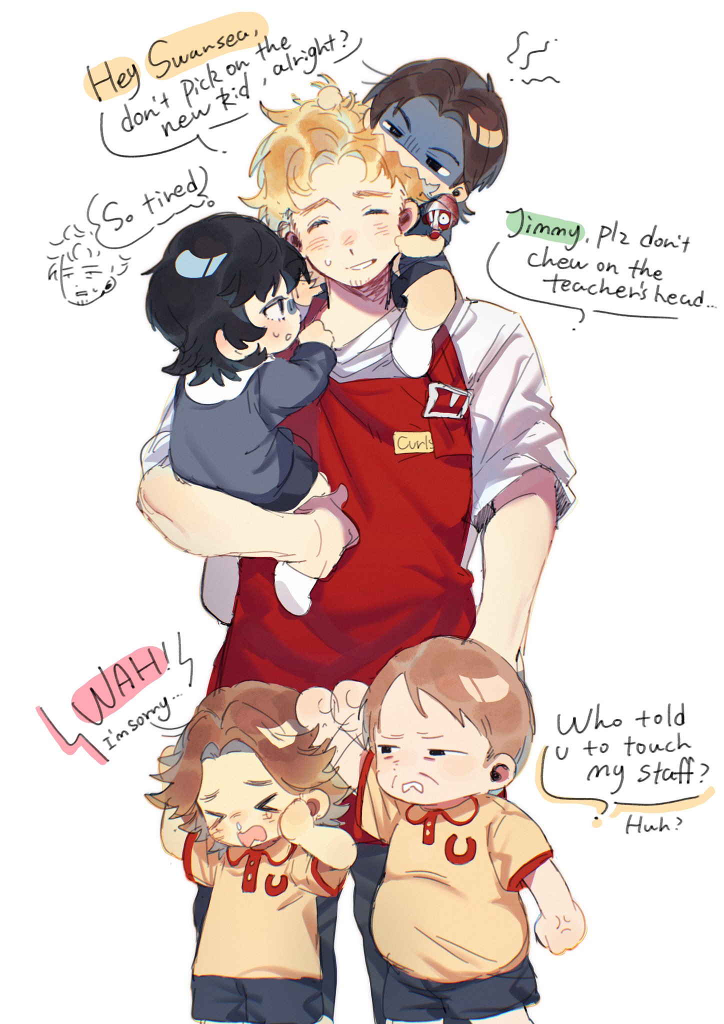 anya, curly, daisuke, swansea, and jimmy (mouthwashing) drawn by