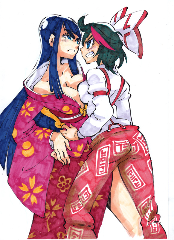 fujiwara no mokou, houraisan kaguya, matoi ryuuko, and kiryuuin satsuki (touhou and 1 more) drawn by rafchu
