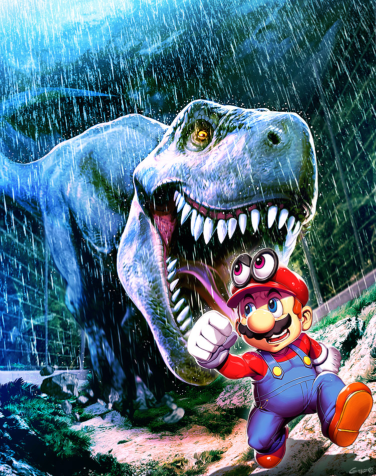 mario, cappy, and t-rex (mario and 2 more) drawn by genzoman