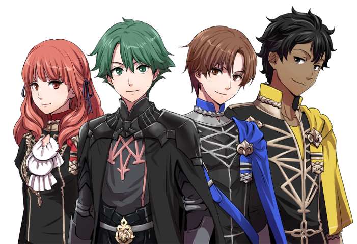 edelgard von hresvelg, dimitri alexandre blaiddyd, male byleth, claude von riegan, celica, and 3 more (fire emblem and 2 more) drawn by saku_(soreca49)