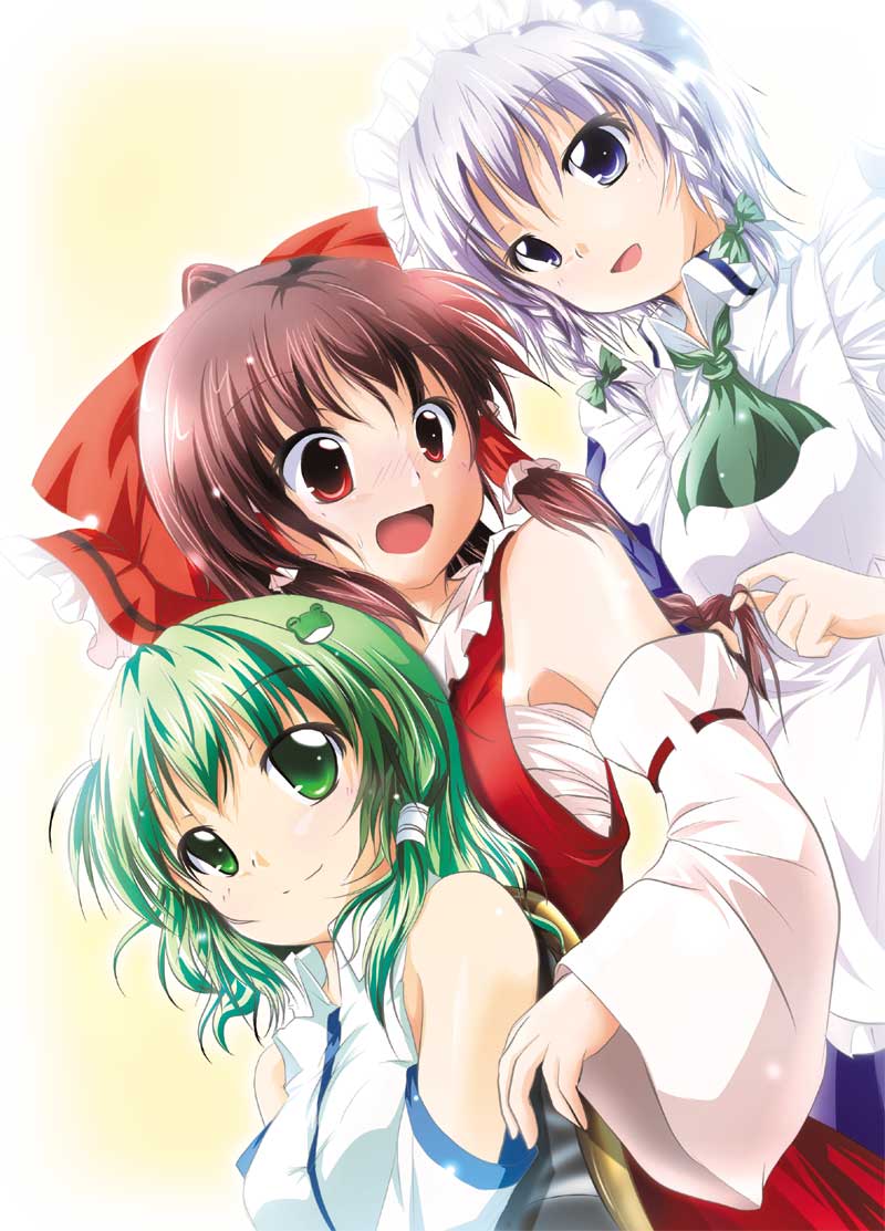 hakurei reimu, izayoi sakuya, and kochiya sanae (touhou) drawn by nanaume_(shichimi_tougarashi)