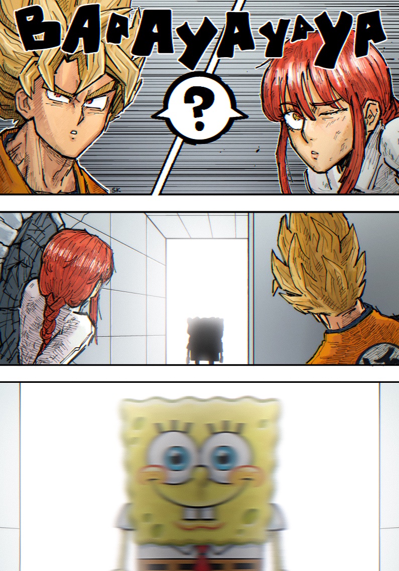 makima, son goku, and spongebob squarepants (chainsaw man and 3 more) drawn by skottydrotty