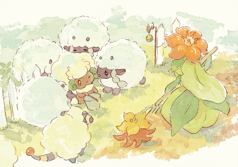 wooloo, whimsicott, lilligant, mareep, and gossifleur (pokemon) drawn by yurano_(upao)