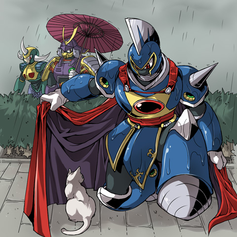 centaur man, knight man, and yamato man (mega man and 1 more) drawn by seiryu_keita