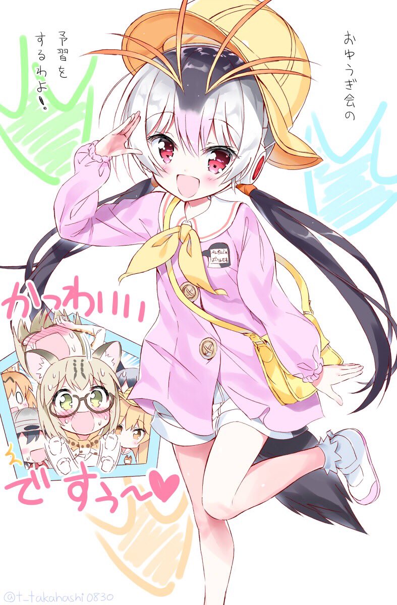 serval, kaban, silver fox, ezo red fox, royal penguin, and 1 more (kemono friends) drawn by takahashi_tetsuya